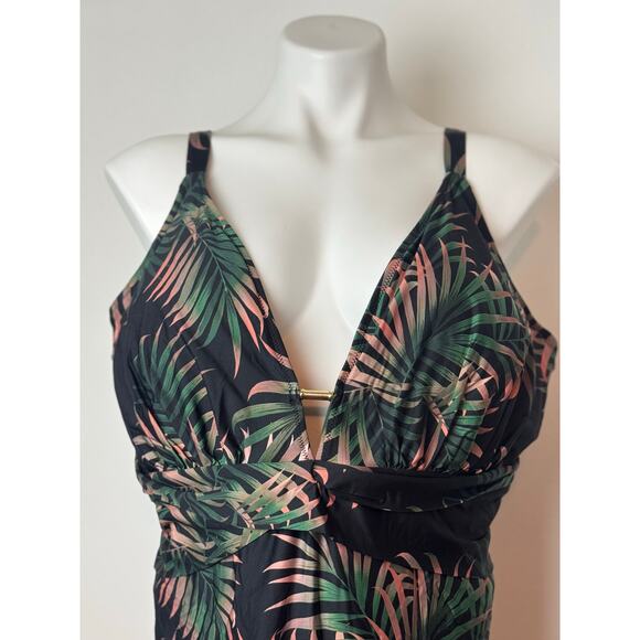 City Chic Black and Tropical Low Cut Swimsuit Multi-color XL/22 - Picture 2 of 12